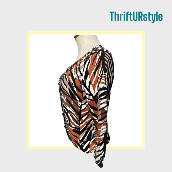 Abstract Print Cardigan Sweater Brown Black Orange White 3/4 Sleeve Top - Picture 4 of 8